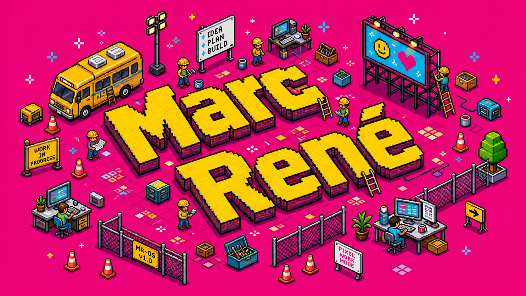 8-bit isometrische header met de naam Marc René